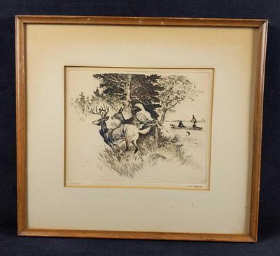 Reinhold RH Palenske Signed Etching Deer In Woods. Vintage signed etching by R. H. Palenske 