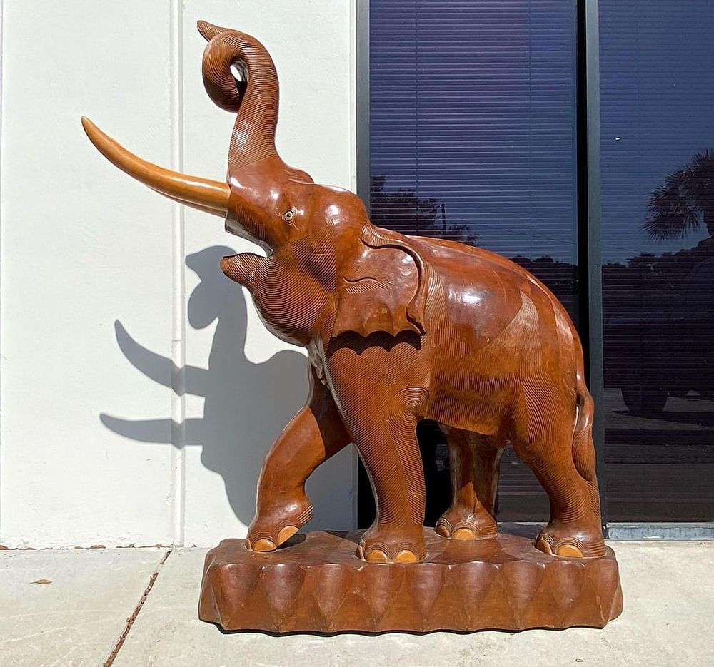 Lot 457: Exquisite vintage hand carved teak wooden Colossal Elephant