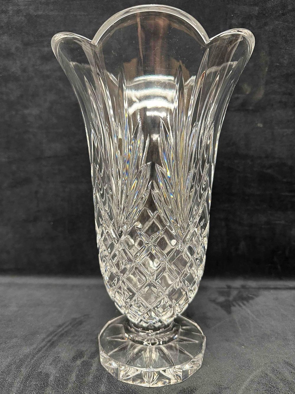 Lot 472: European Style Scalloped Flared Floral Ribbon Design Top Glass Vase 12" Tall
