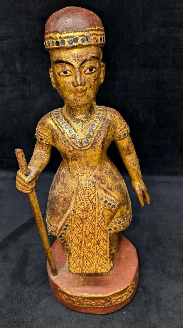 Lot 486: Vintage Thai Or Burmese Carved Gilt Wood Temple Guardian With Staff