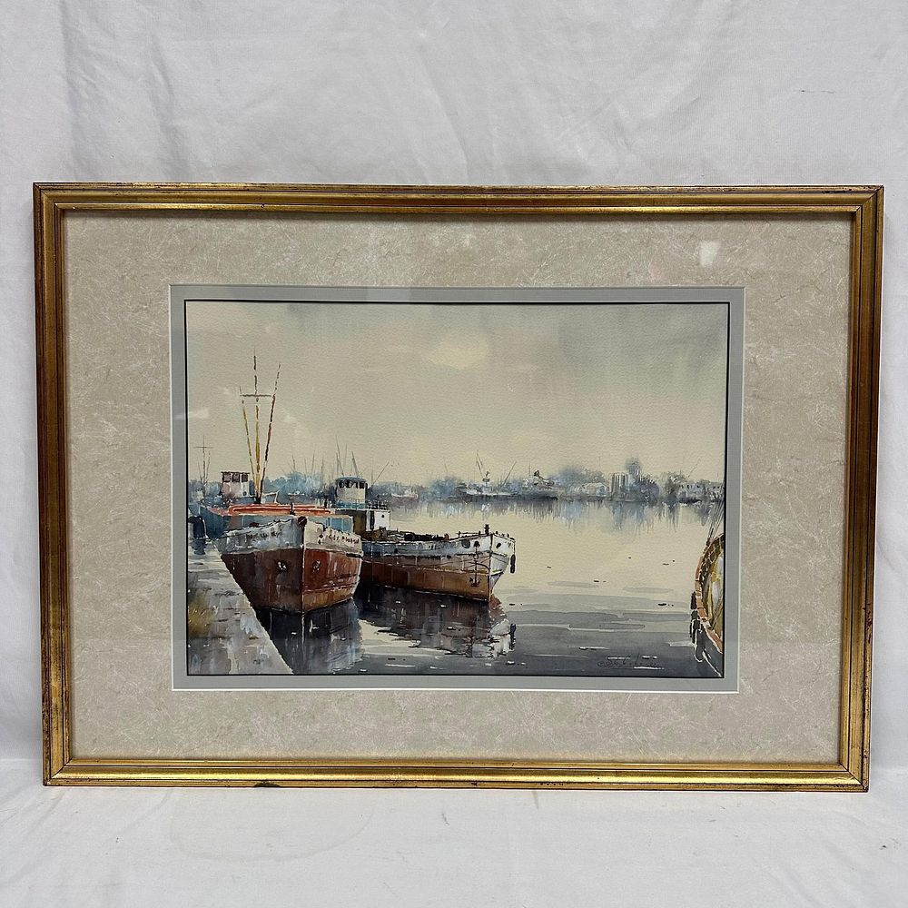 Lot 491: Watercolor Harbor Scene with Docked Boats Signed Framed Seascape