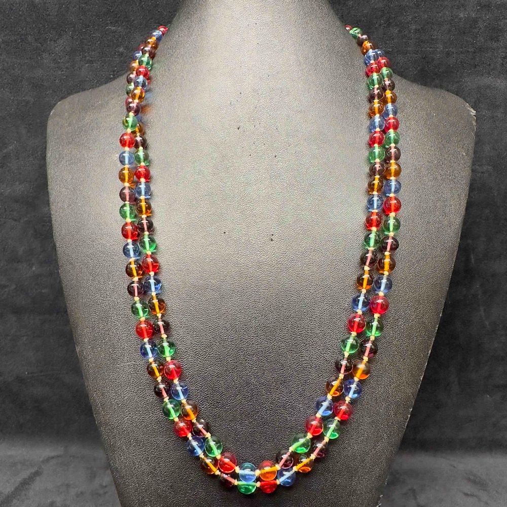Lot 494: Clear Multi Colored Glass Round Bead Long Necklace H55