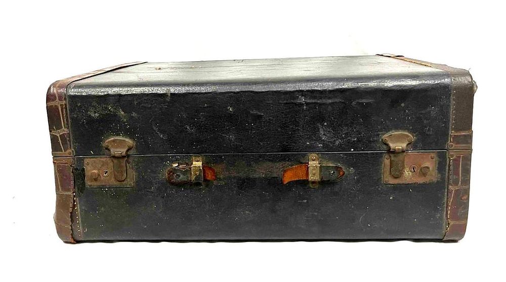 Lot 498: Large Vintage Black Leather Upholstered Traveling Trunk
