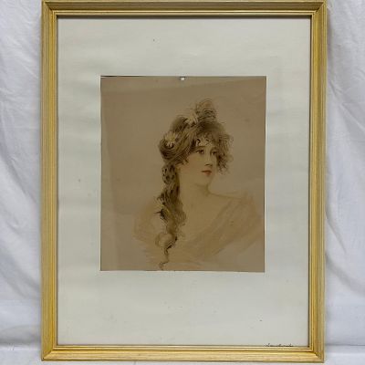 Antique Chromolithograph Portrait of a Young Woman Yellow Frame. Vintage chromolithograph 