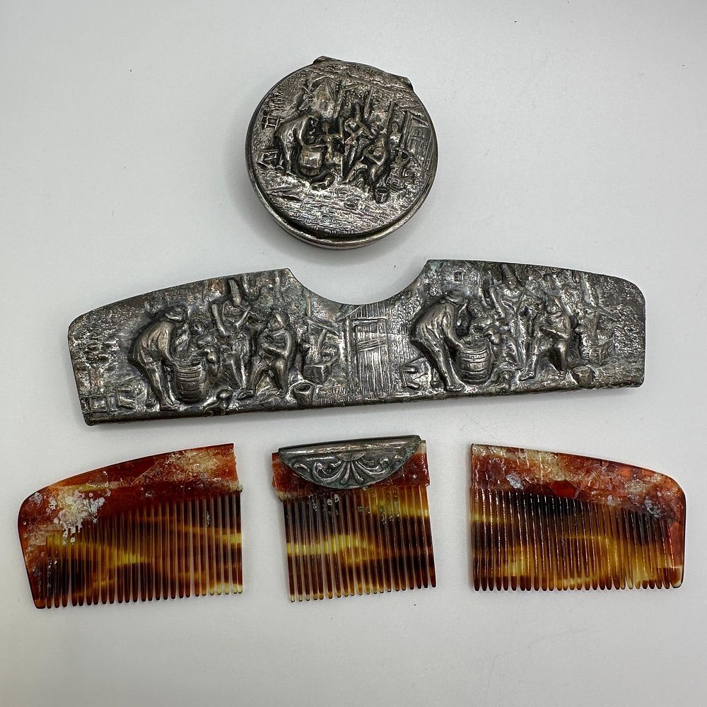 Lot 255: Danish Silver Plated Vanity Set With Figural Relief And Faux Tortoiseshell Comb