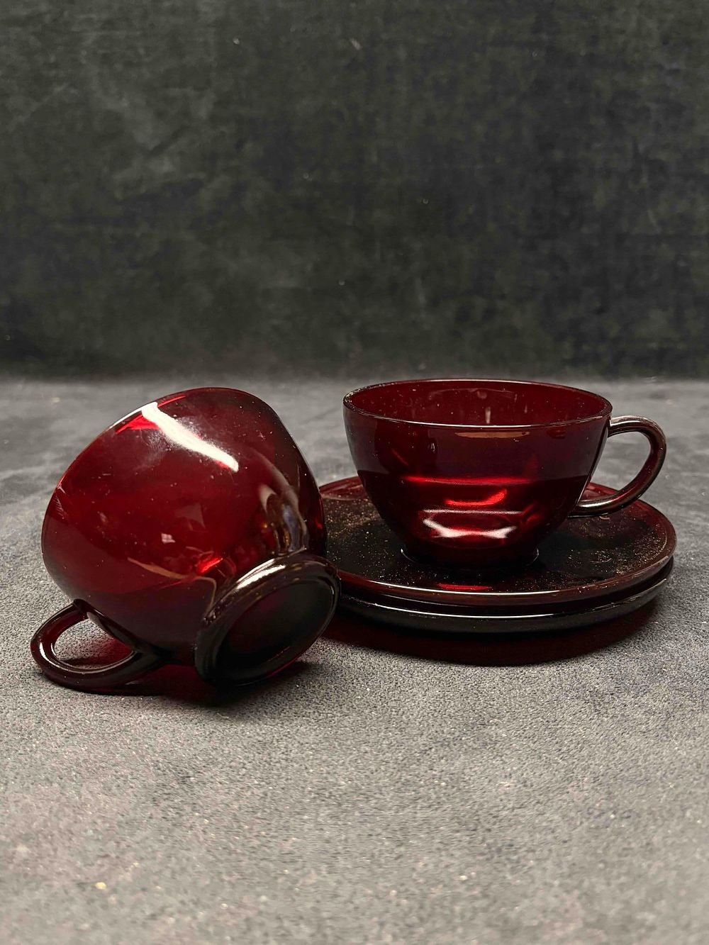 Lot 259: Set of Two Vintage Anchor Hocking Royal Ruby Red Glass Teacups and Saucers