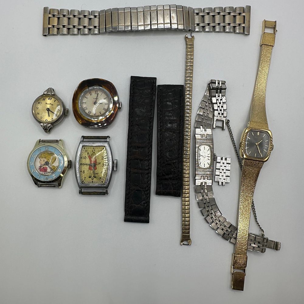 Lot 328: Vintage Wristwatch Parts Lot Including Seiko Timex Barbie and Expansion Leather Cartier Bands