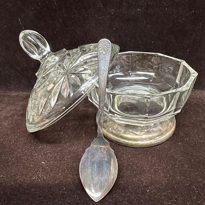 Cut Italy Glass Lidded Sugar Bowl Dish with Silver Plate Base and Spoon. Vintage clear-cut 