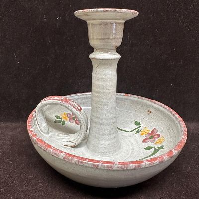 Owens Pottery Floral Candleholder Wax Catching Base. Vintage Owens Pottery ceramic chamberstick 