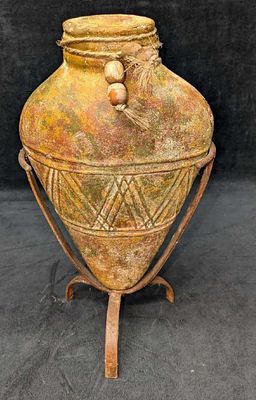 Vintage Amphora Pottery Vase With Metal Stand. The vase is approx 10" x 4" x 15 1/2". The metal 