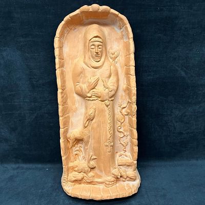 Terracotta Relief Plaque of Saint Francis. Medium terracotta wall plaque decor depicting Saint 