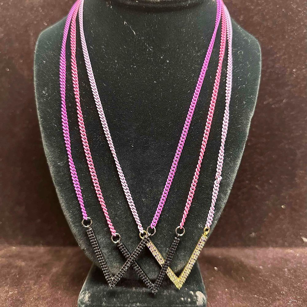 Lot 484: Pink and Purple Chain Melania Clara Assorted Necklace Rhinestone V Set of Three