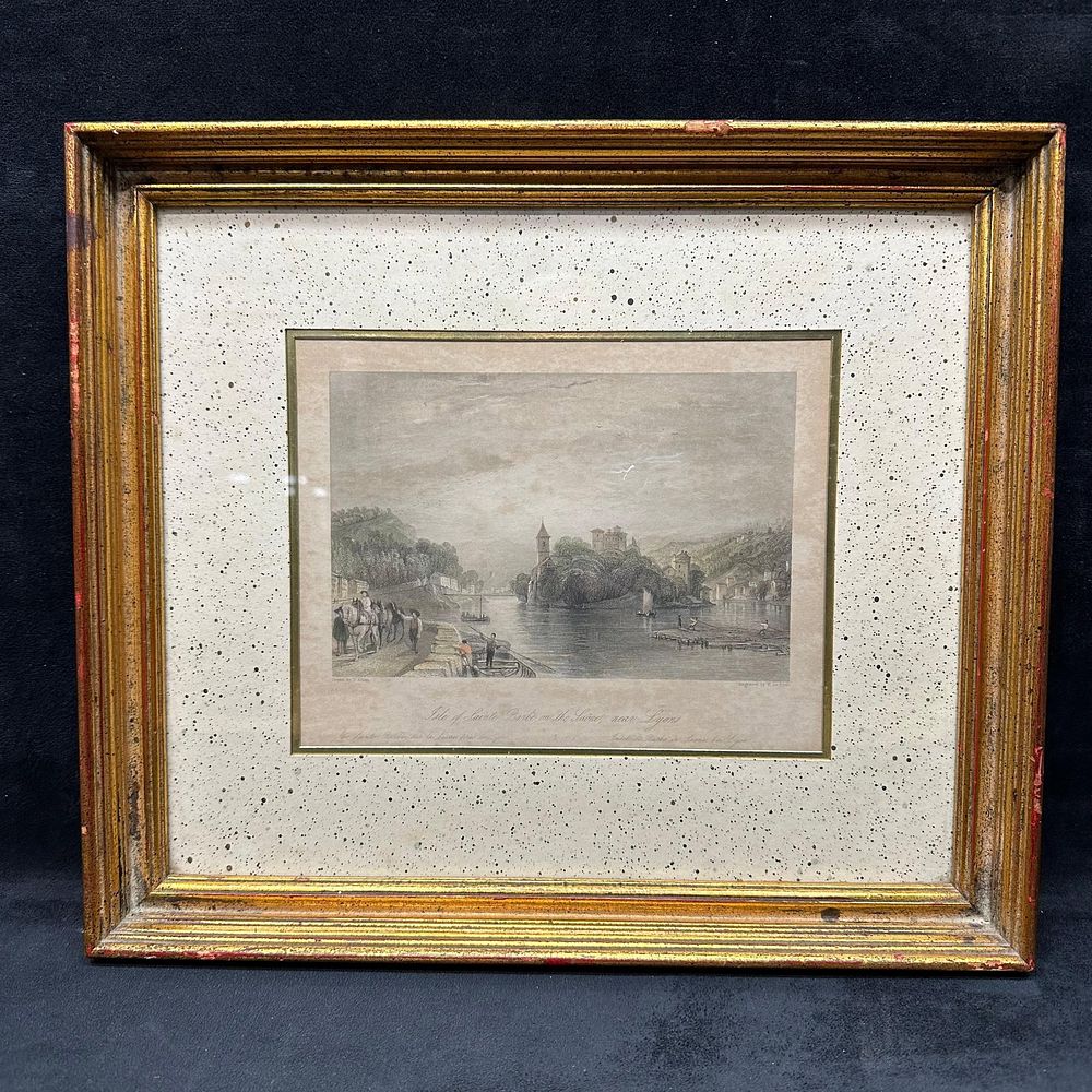 Lot 497: Antique Hand-Colored Engraving Isle of Sainte Barbe on the Saone Near Lyons Framed