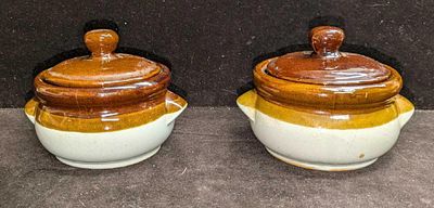 2 Vintage Stoneware Tan And Brown Bean Pots B. Each is approx 6" x5" x 4 1/2" and the total 