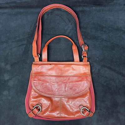 Fossil Red Orange Leather Canvas Purse Handbag. Vintage Fossil genuine leather handbag. 