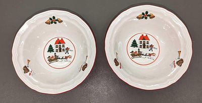 2 Retired Jamestown China Joy of Christmas Bowls A. Each is approximately 7" x 7" x 2" and the 