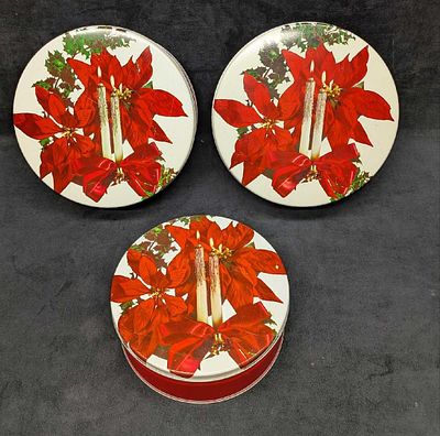 3 Vintage Christmas Poinsettias Candles Round Tins. The two large round tins are approx 10" x 