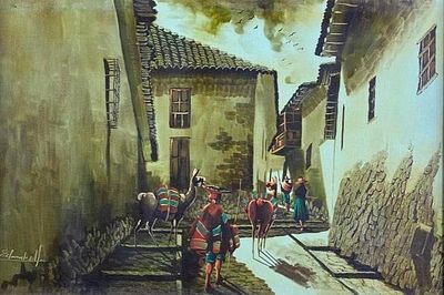 Peruvian Village Painting, Oil on Canvas Signed Oil on canvas scene of a Peruvian village with 