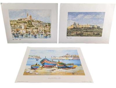 3 Lithograph Prints Mgarr Harbour & Malta. This lot consists of: 
(1)?M?arr Harbor in 