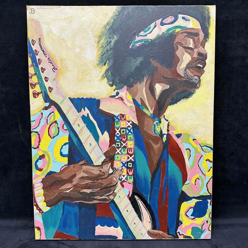 Lot 462: Jimi Hendrix Inspired Stylized Portrait Painting on Canvas