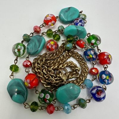 Italian Style Floral Millefiori Glass Bead Gold Tone Chain Necklace Faux Turquoise Accents. This 