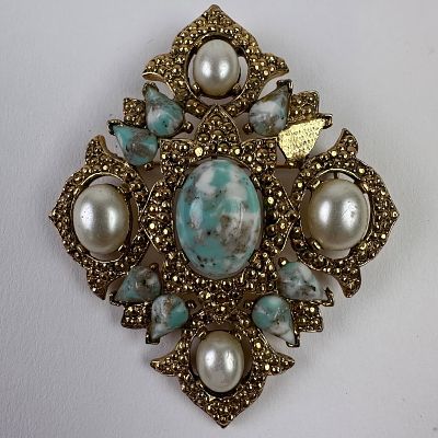 Sarah Coventry Remembrance Gold Tone Brooch Faux Pearl and Easter Egg Design Turquoise. Sarah 