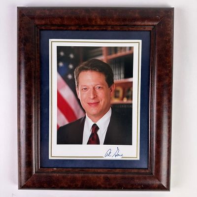 Signed Al Gore Autographed Photograph Framed. Color portrait photograph of Al Gore, former Vice 