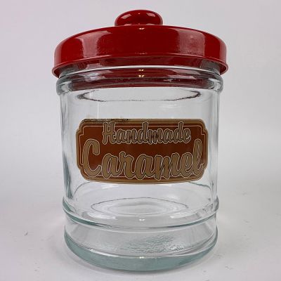 Vintage Style Glass Handmade Caramel Countertop Candy Jar with Red Lid. Vintage clear glass 