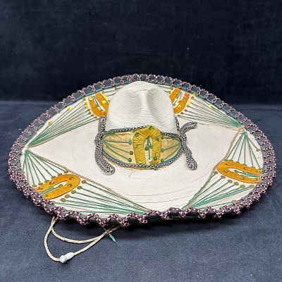 Mexican Straw Sombrero Hat Embroidery and Sequin Decoration Hecho en Mexico. Traditional Mexican 
