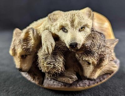 Mills Creek Mother Wolf With Pups Figurine. Cold cast in porcelain, alabaster powders, and 