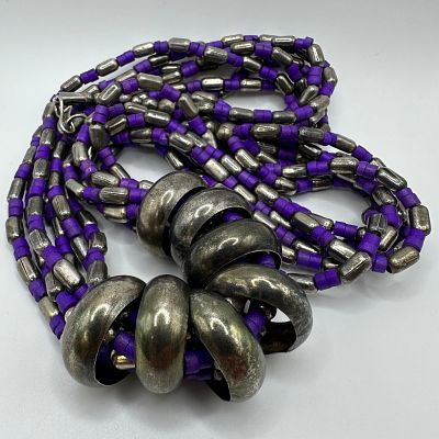 Multi Strand Beaded Necklace with Large Metal Ring Accents Purple Beads. Statement style 