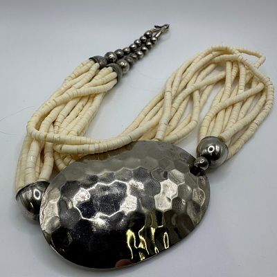 Ethnic African Tribal Style Bone Beaded Multi Strand Hammered Metal Accent Necklace. Statement 