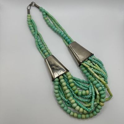 Multi Strand Beaded Necklace with Large Metal Cone Accents Turquoise Dyed Bone Shell Beads. State 