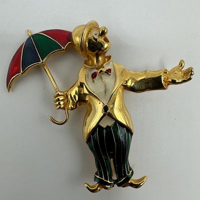 Vintage Clown with Umbrella Enamel Costume Gold Tone Brooch Pin. A metallic enamel gold-tone 