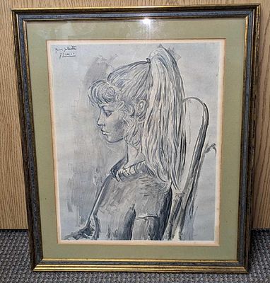 Framed Pablo PIcasso Portrait of Sylvette Lithograph R68. The framed print is approx 18 1/2" x 