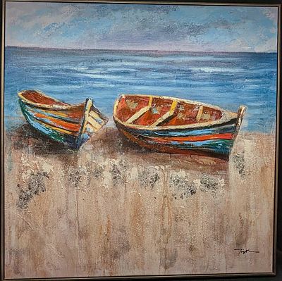 Framed Fishing Boats Wall Textured Print On Canvas. Hand-applied, textured gel finish is used 