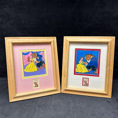 Pair of Framed Disney Beauty and the Beast Prints with Walt Disney Stamp Framed. Pair of framed 