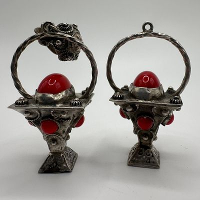 Twisted Rope Handle Intricate Lantern Style Red Coral 800 Silver Earrings. This item is in good 