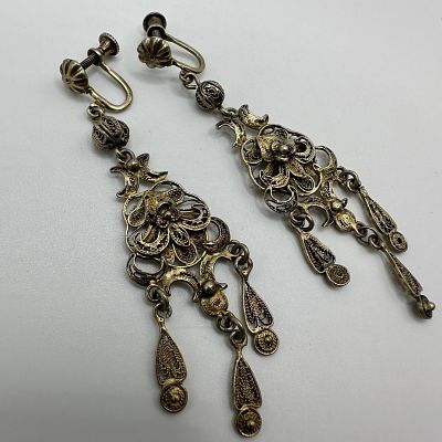 Intricate Vermeil Sterling Filigree Dangle Screw Back Earrings. This item is in good pre-owned 