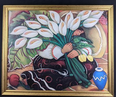 L. Carter Holman Blue Vase Pomegranate Framed Print This is a beautiful framed print of a woman 