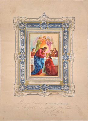 Antique First Communion Certificate Print St Marys. Print from 1886 celebrates one's first Holy 