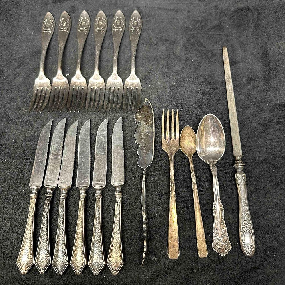 Silver Plated Silverware Set Forks Knives Spoons Lot of 17 Seventeen. Each piece has a unique 