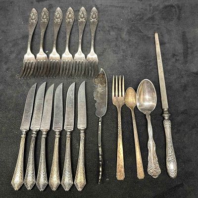 Silver Plated Silverware Set Forks Knives Spoons Lot of 17 Seventeen. Each piece has a unique 