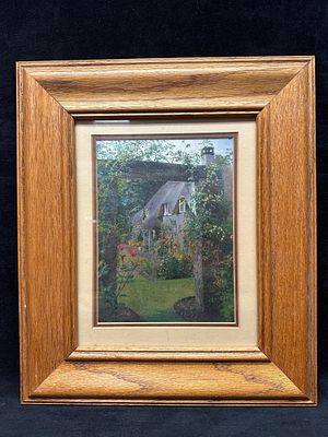 Framed Cottage Garden Landscape Print in Oak Style Wood Frame. Decorative framed landscape print 