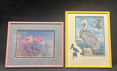Two Framed Prints Pelican By James Harris & Flamingos By Debbie Hardy. This lot contains Two 