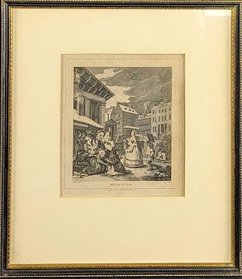 Framed Morning Engraving By T. Cook After W. Hogarth. The print shows the morning and is part of 