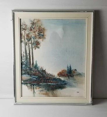 Landscape Water Original Mixed Media Painting Signed Schub. Landscape painting by Christine 