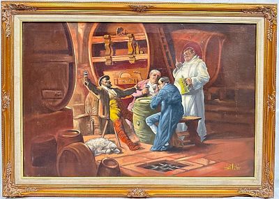 Szanto Oszkar Wine Cellar Scene Painting Oil on canvas painting by Hungarian genre painter 