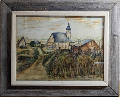 Vintage Framed Original Watercolor Church & Village. Vintage Framed Original Watercolor Church 