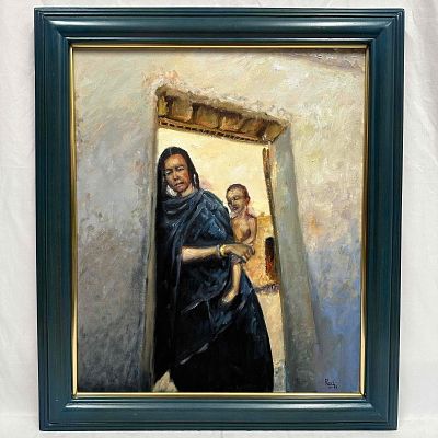 Mother and Child in Doorway Painting by Rosi Framed Oil on Canvas R152. The artist's signature 